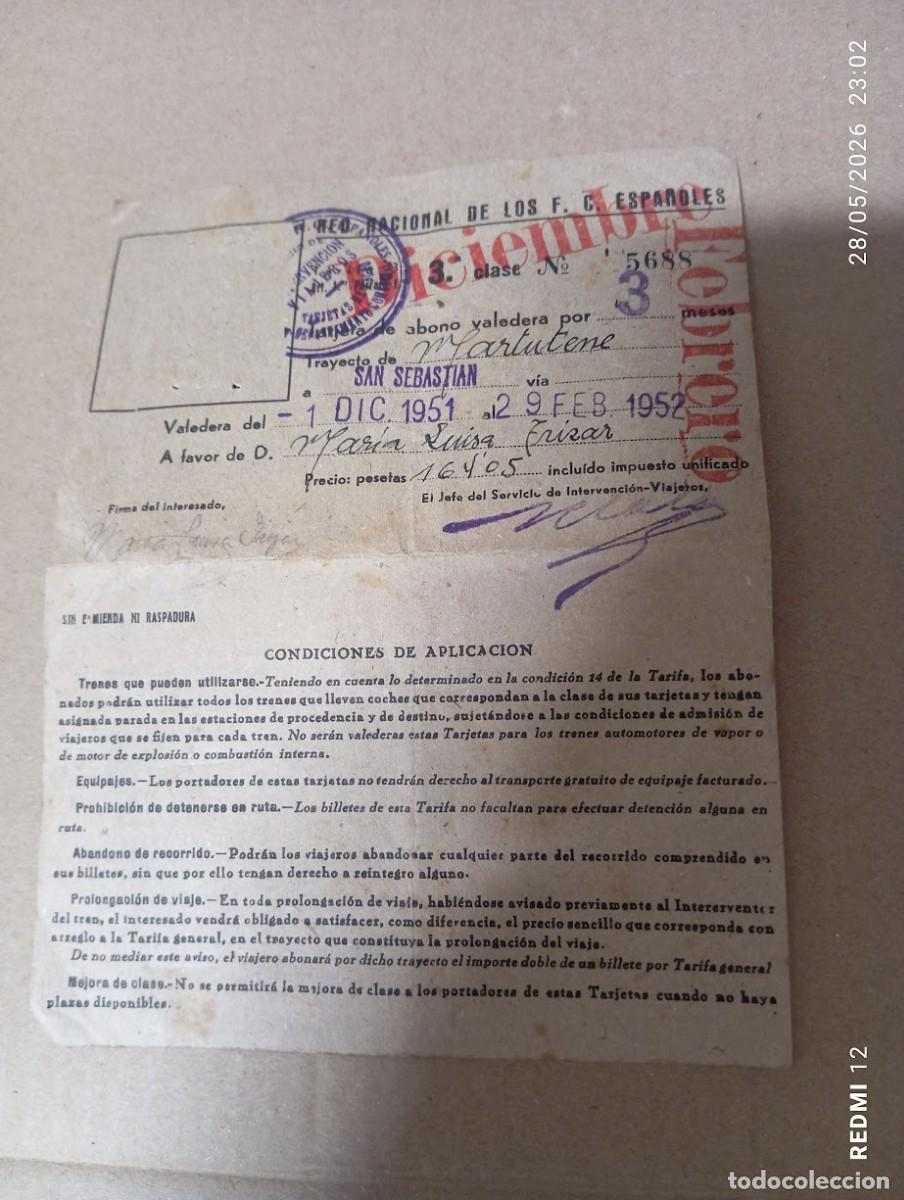 Documentos antiguos: TARJETA RED NACIONAL DE LOS FERROCARRILES ESPA&Ntilde;OLES / MARTUTENE SAN SEBASTIAN 1951-1952