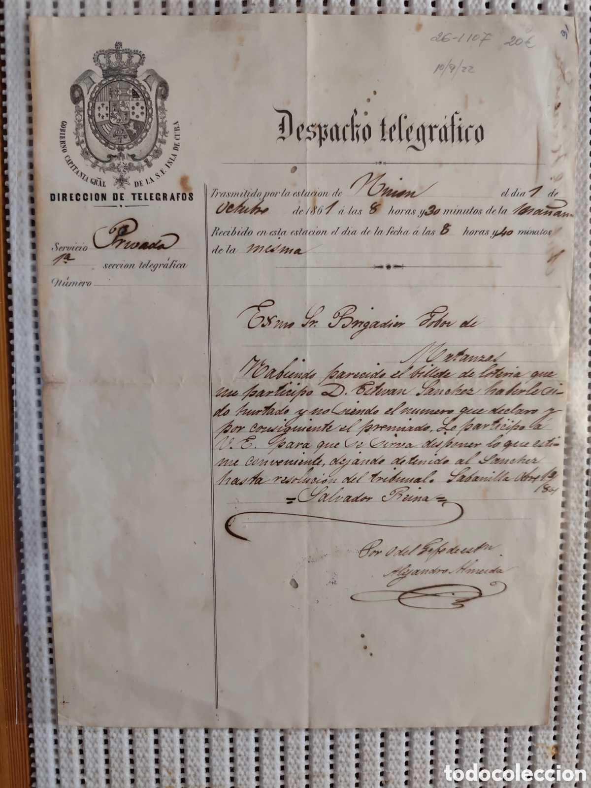 Documentos antiguos: 26-1107 DESPACHO TELEGRAFICO,HABIENDO APARECIDO EL.