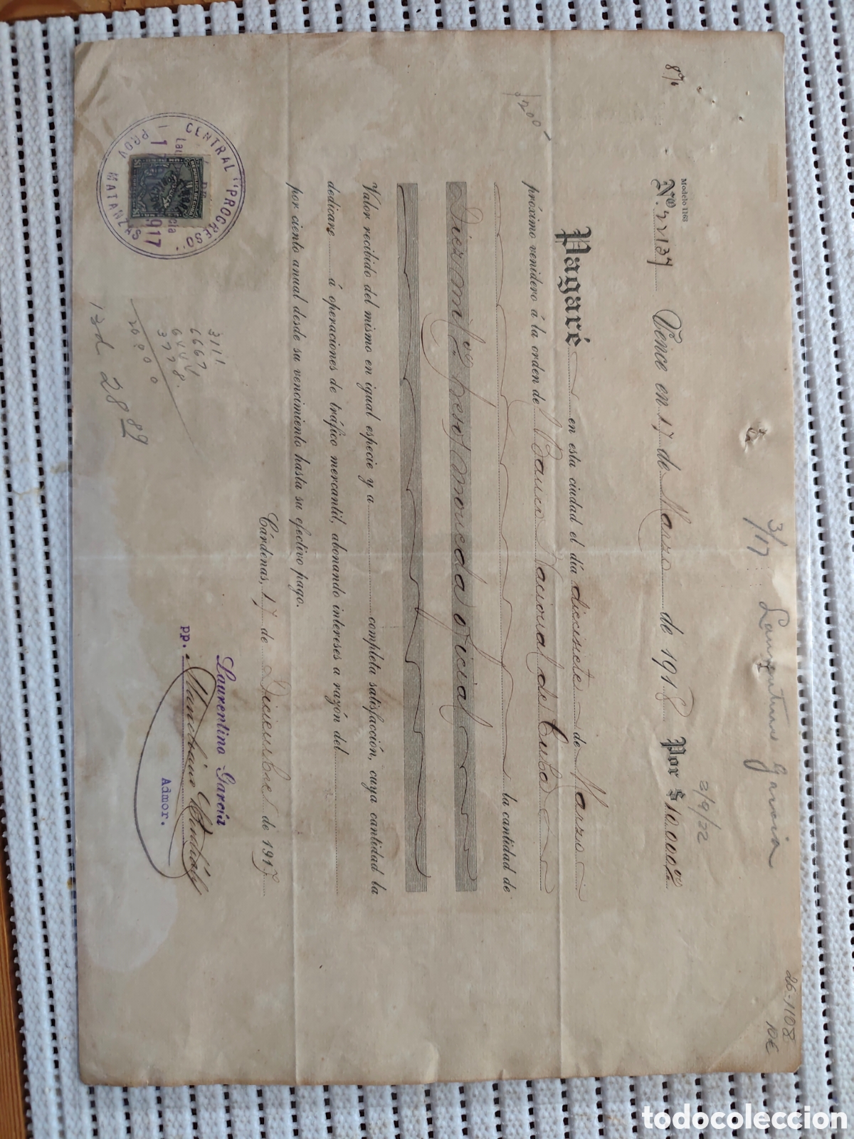 Documentos antiguos: 26-1108 PAGARE-DEL BANCO NACIONAL DE CUBA 10.000 PESOS.