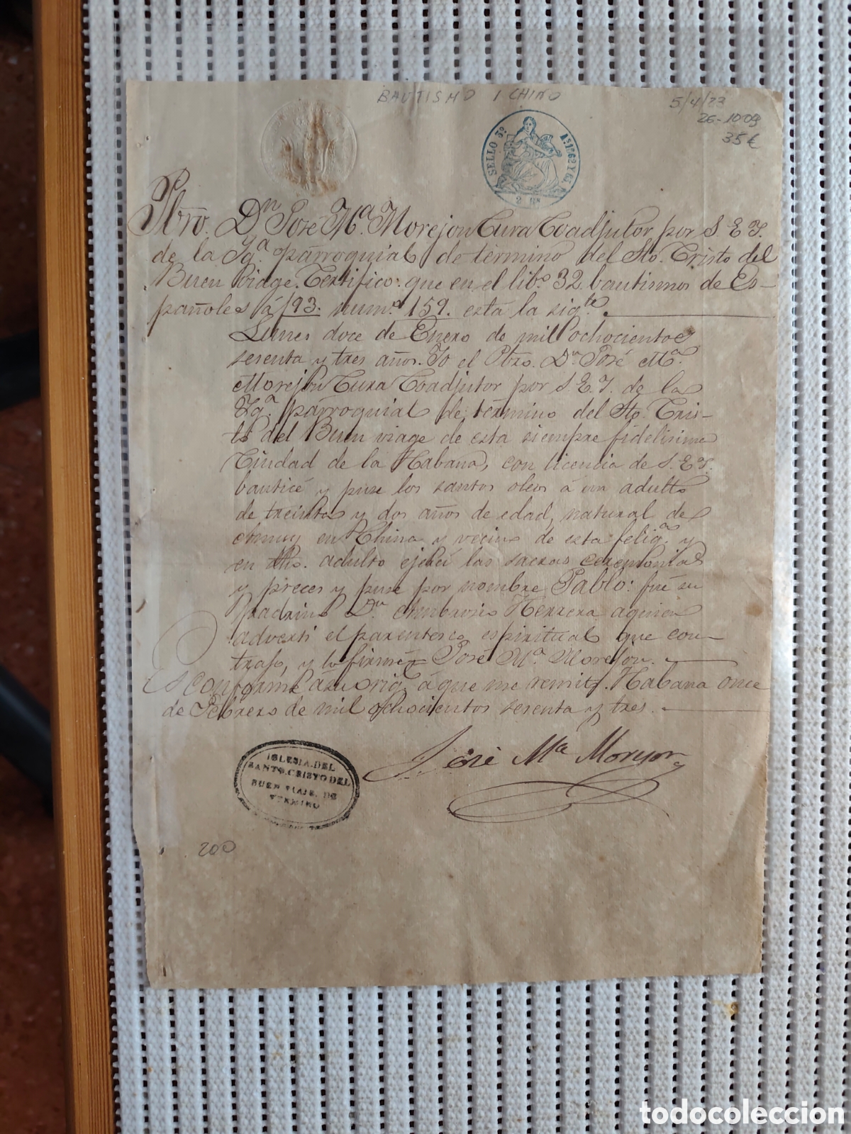 Documentos antiguos: 26-1009 BAUTISMO DE 1CHINO&rdquo;PABLO&rdquo;DE 32 A&Ntilde;OS.