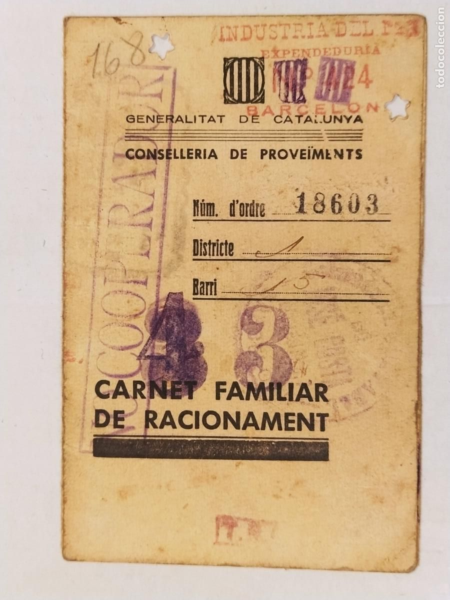 Documentos antiguos: GUERRA CIVIL - GENERALITAT DE CATALUNYA - CARNET FAMILIAR - RACIONAMIENTO - A&Ntilde;O 1937 - CON SELLOS