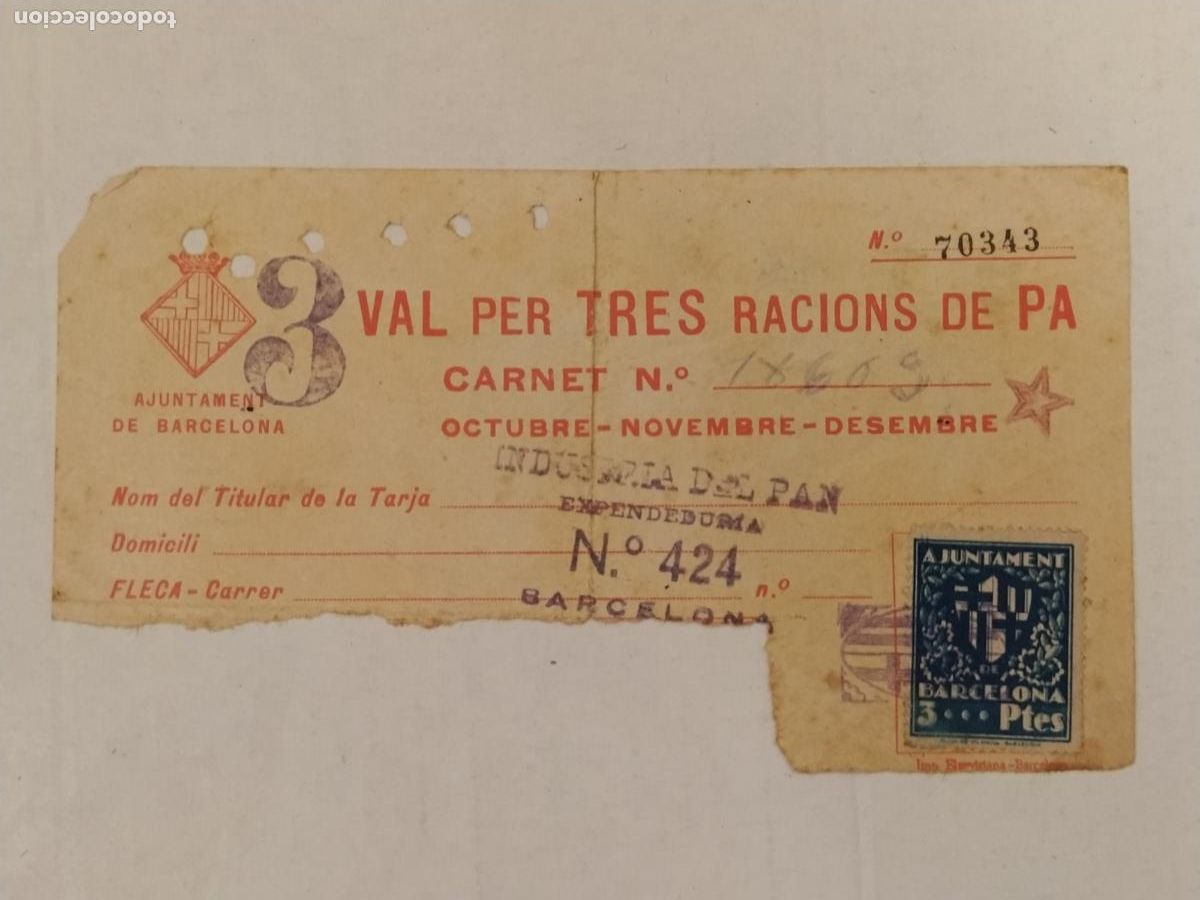 Documentos antigos: GUERRA CIVIL - AJUNTAMENT DE BARCELONA - VAL PER TRES RACIONS DE PA -VEURE FOTOS
