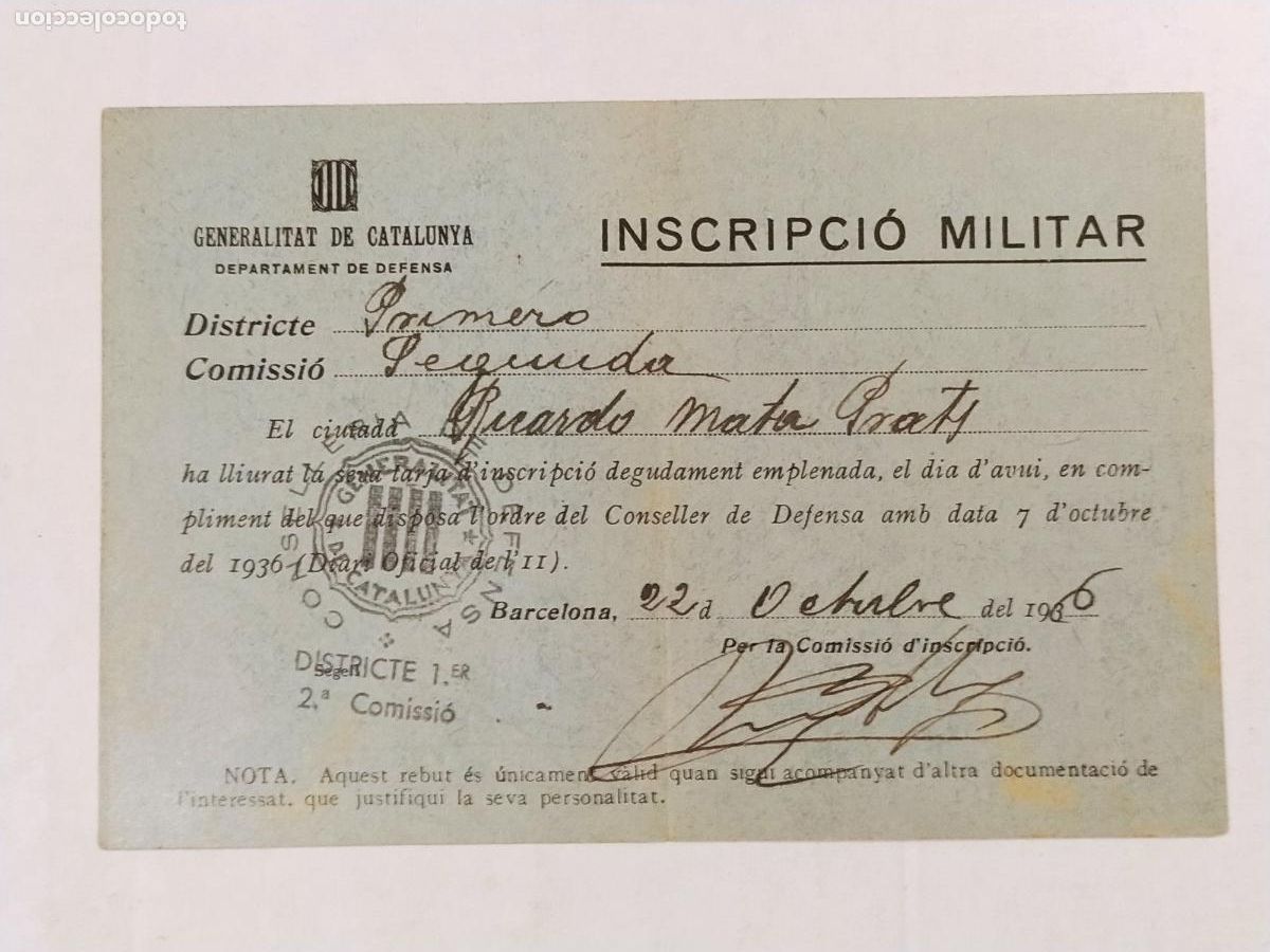 Documentos antigos: GUERRA CIVIL - GENERALITAT DE CATALUNYA - DEPARTAMENT DEFENSA - INSCRIPCIO MILITAR - ANY 1936