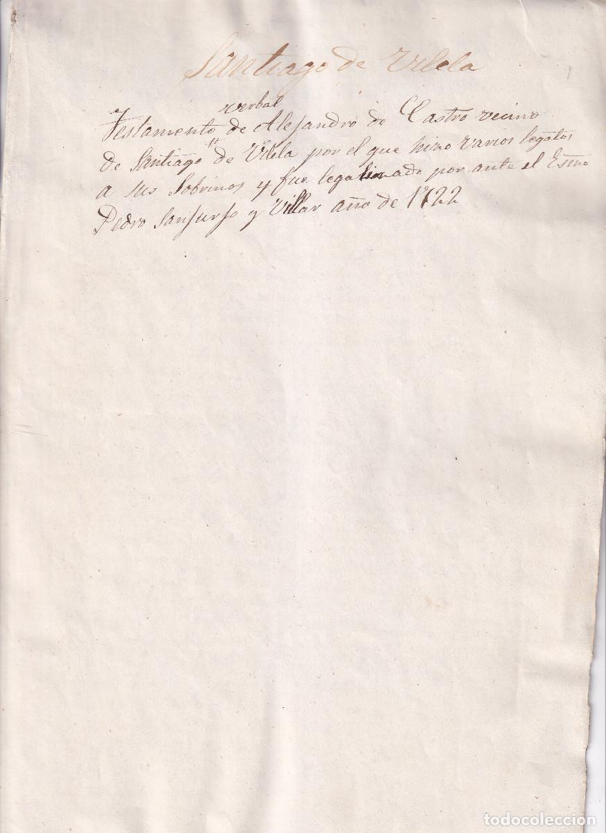 Documentos antiguos: SANTIAGO DE VILELA. OTERO DE REY. LUGO. TESTAMENTO LEGANDO BIENES A LOS SOBRINOS. 1722