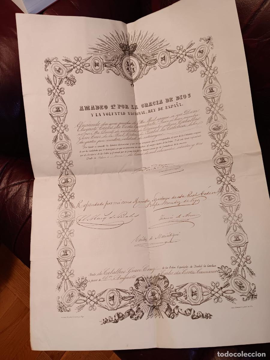 Documentos antiguos: ESPECTACULAR DIPLOMA DE CABALLERO GRAN CRUZ DE LA ORDEN DE ISABEL LA CAT&Oacute;LICA. 873