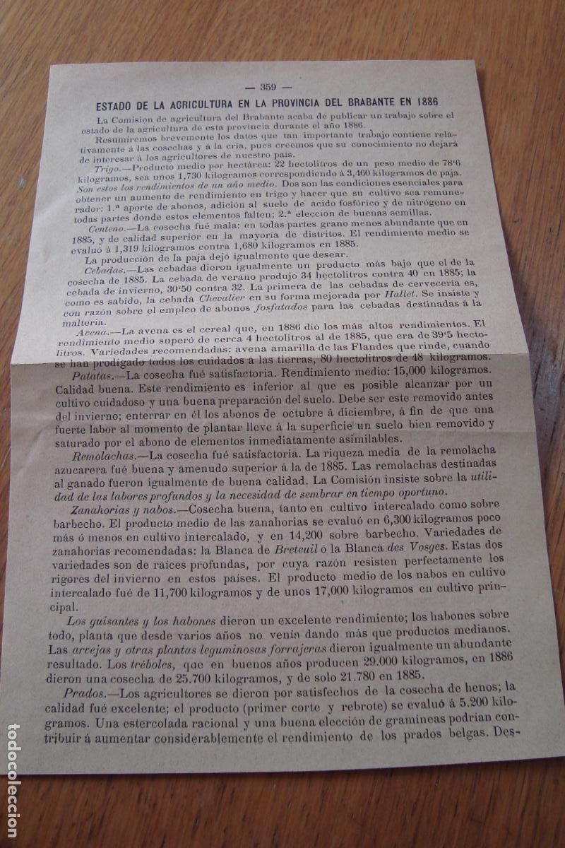 Documentos antiguos: RECORTE ARTICULO REVISTA. ESTADO AGRICULTURA EN LA PROVINCIA DE BRABANTE 1886. CAPDEVILA PUJOL