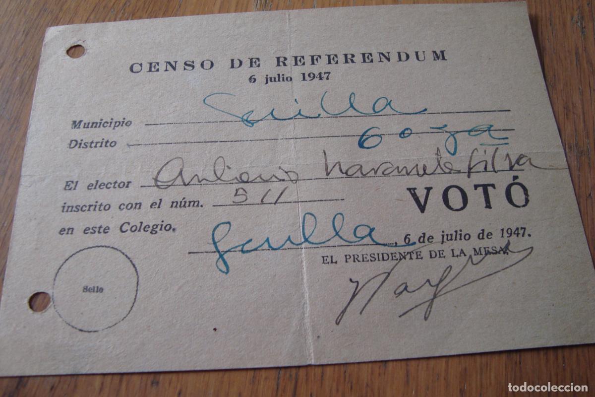 Documentos antiguos: ANTIGUA BOLETA ELECCIONES CENSO DE REFERENDUM SEVILLA 1947.