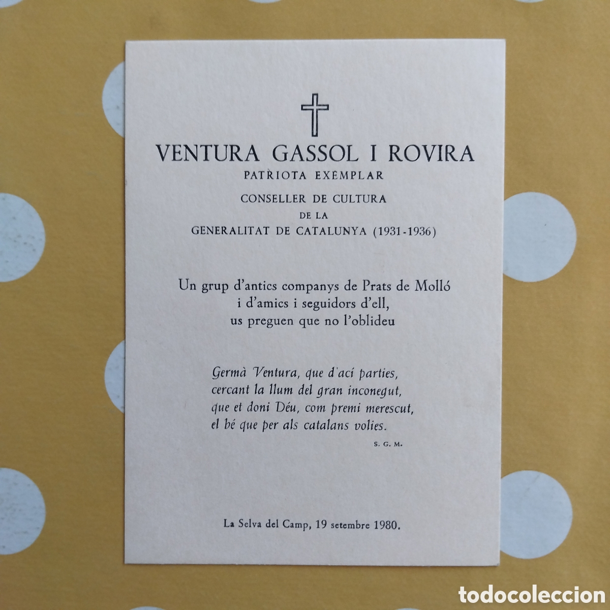 Documentos antiguos: RECORD VENTURA GASSOL I ROVIRA PATRIOTA EXEMPLAR PRATS DE MOLL&Oacute; 13'5x9'5