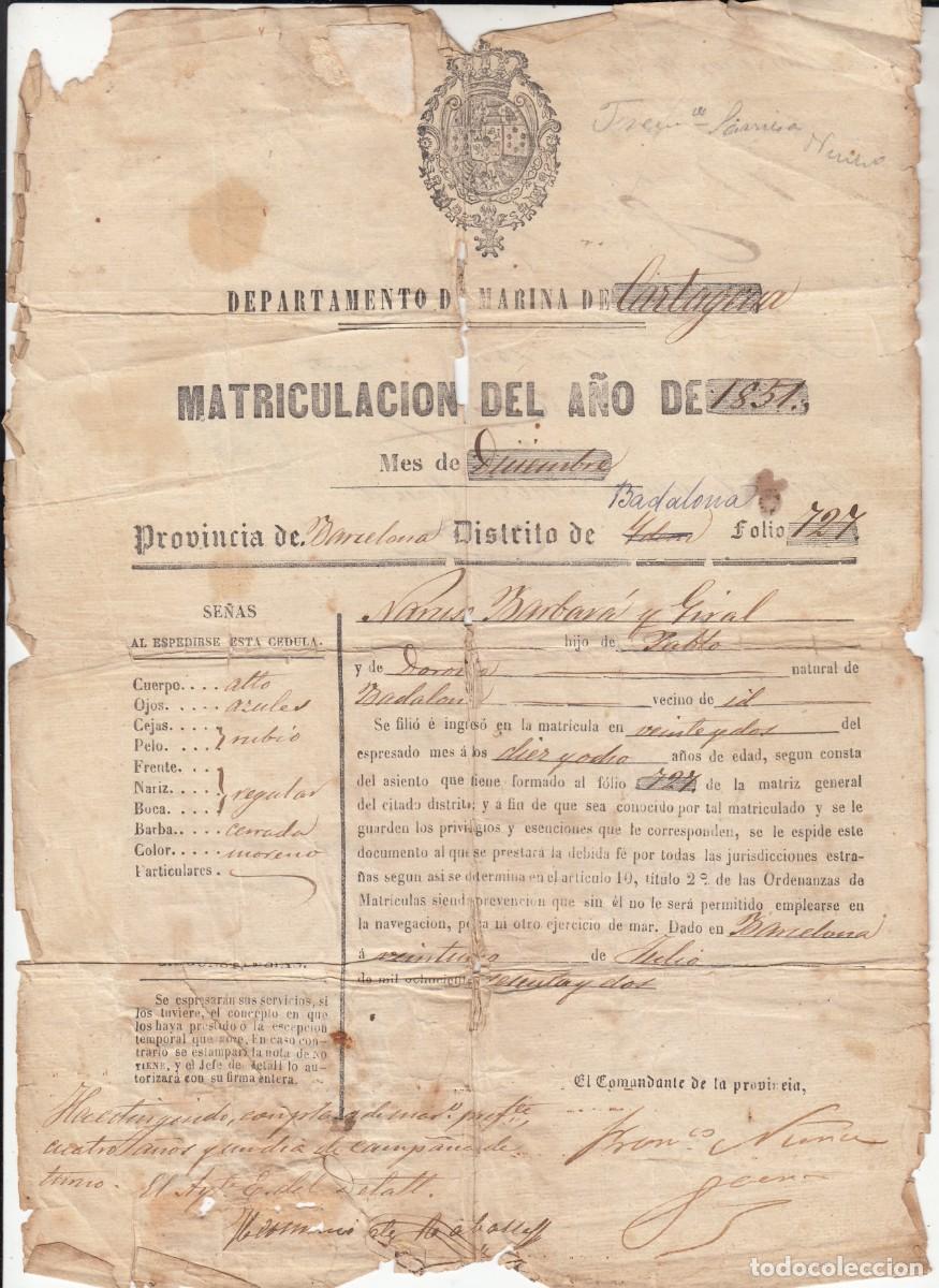 Documentos antiguos: 1851 DOCUMENTO DE MATR&Iacute;CULA DEL DEPARTAMENTO DE MARINA DE CARTAGENA - MOZO DE BADALONA