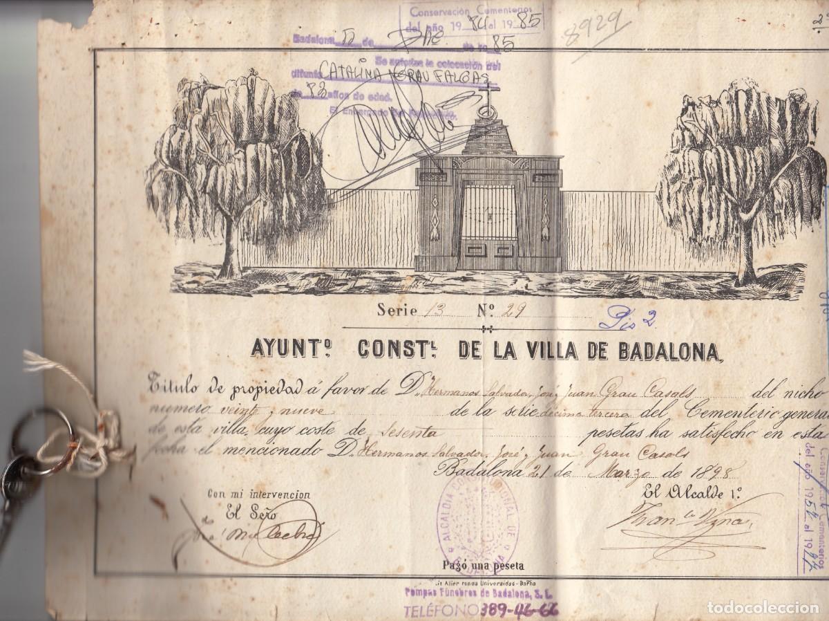 Documentos antiguos: TITULO DEL CEMENTERIO DE BADALONA -1898 - - Foto 1