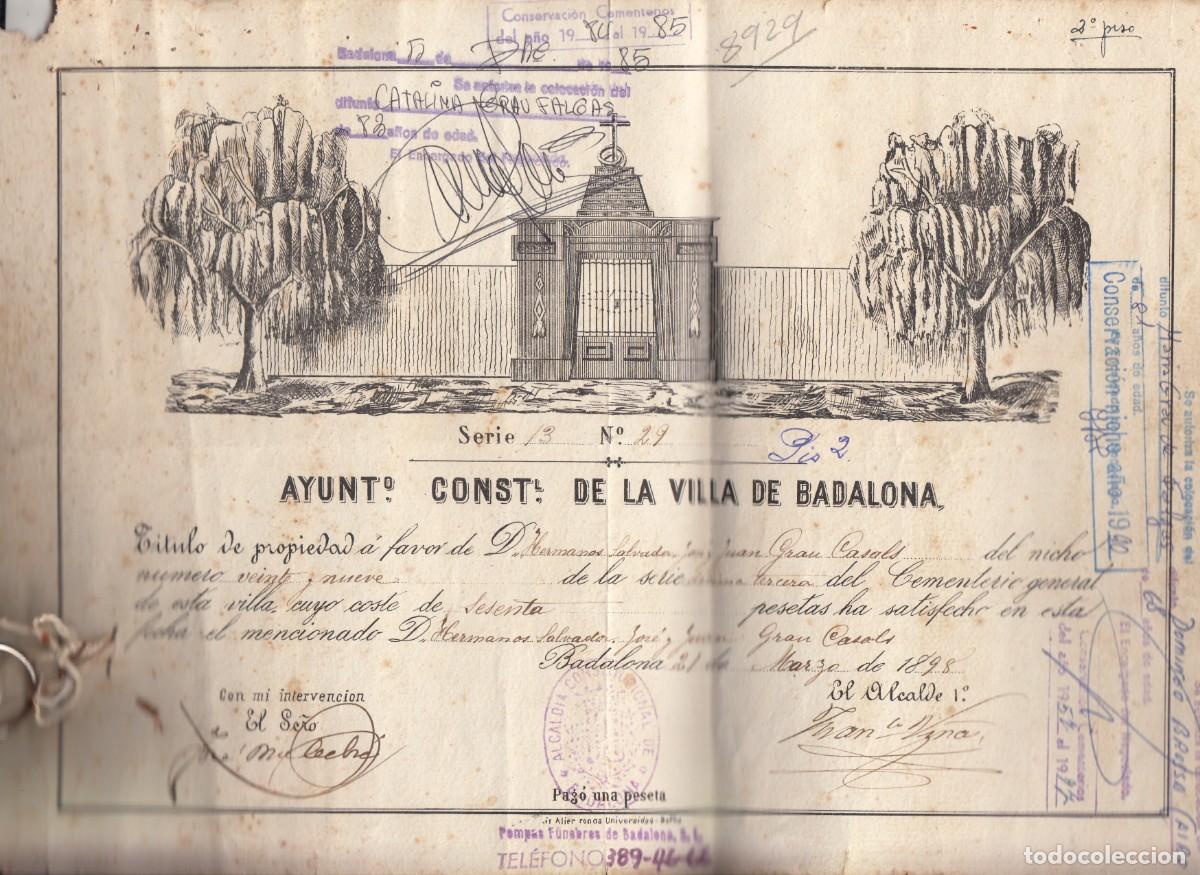 Documentos antiguos: TITULO DEL CEMENTERIO DE BADALONA -1898 - - Foto 2
