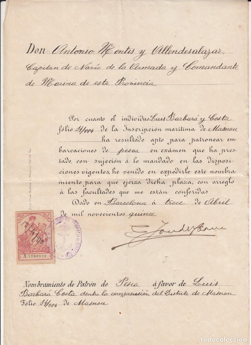 Documentos antiguos: 1915 - TITULO DE NOMBRAMIENTO DE PATR&Oacute;N DE PESCA - EL MASNOU