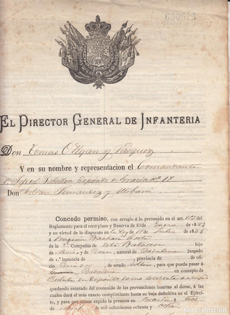 Documentos antiguos: BADALONA -1888 - DIRECTOR GRAL. DE INFANTER&Iacute;A - PASE A LA RESERVA - 4 P&Aacute;GINAS-PASE REVISTA EN AYUNT.