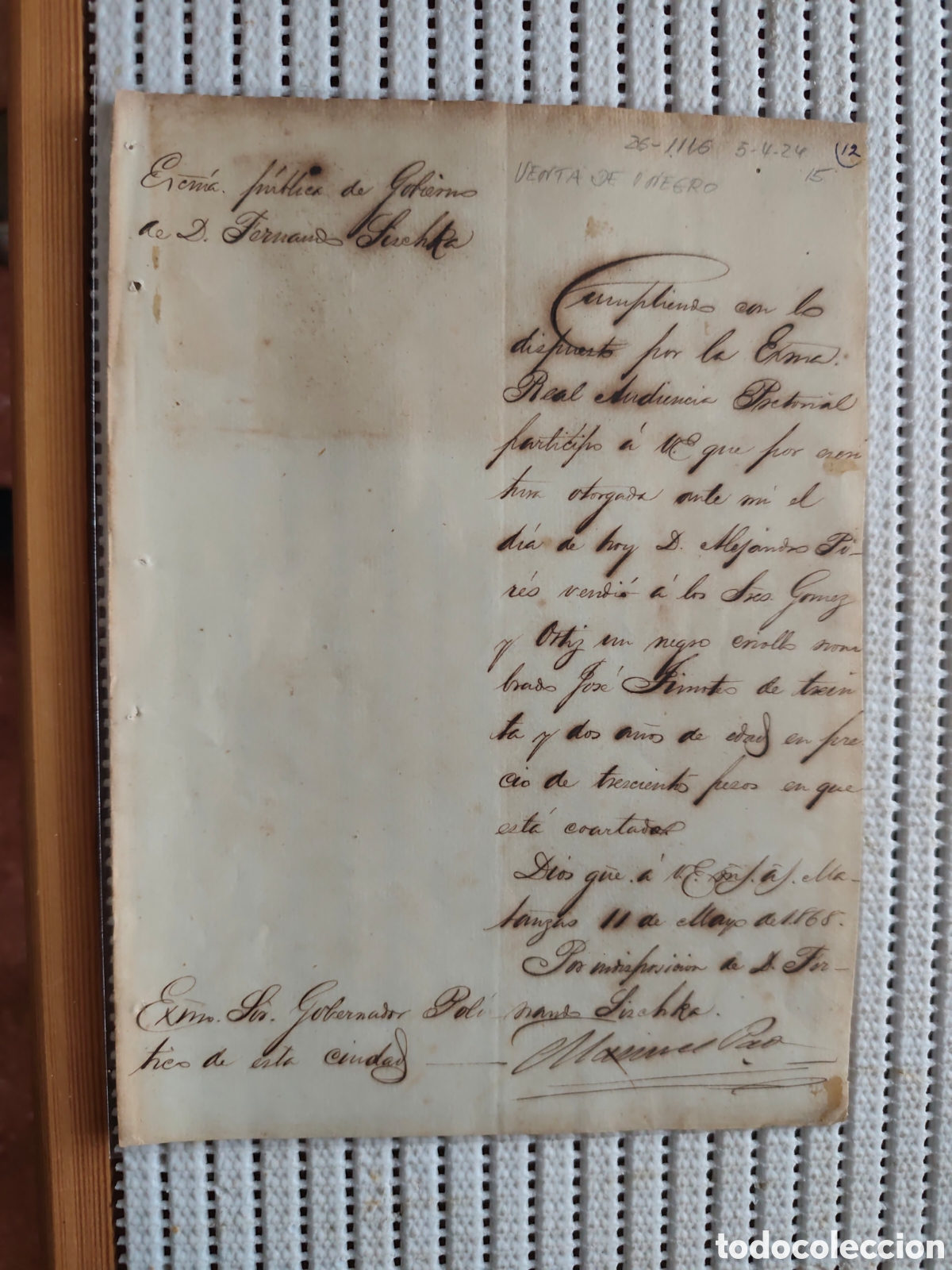 Documentos antiguos: 26-1116 D.ALEJANDRO VENDIO 1 NEGRO CRIOLLO EN 300 PESOS.