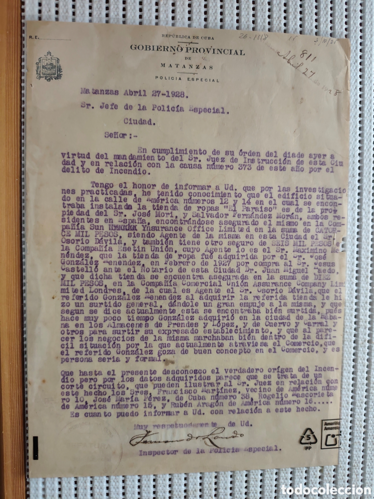 Documentos antiguos: 26-1118 INSTRUCCION SOBRE EL INCENDIO DE LA TIENDA&rdquo;EL PARAISO&rdquo;