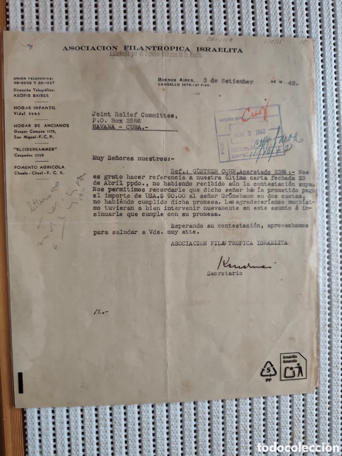 Documentos antiguos: 26-1119 SE LE RECUERDA QUE EL SR.GUNTER PROMETIO PAGAR 90$