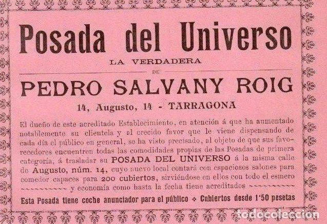 Documents Anciens: HOJA VOLANTE. POSADA DEL UNIVERSO. PEDRO SALVANY ROIG. AUGUSTO, 14. TARRAGONA.