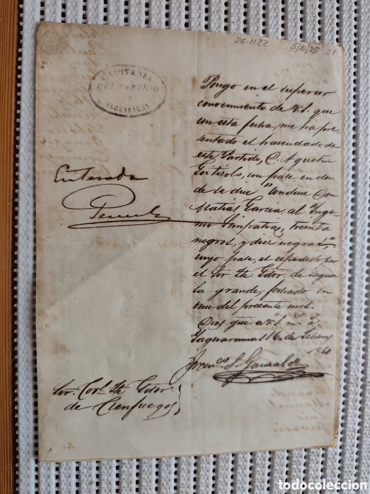 Documentos antiguos: 26-1122 D.AGUSTIN PRESENTA 1PASE PARA LLEVAR 30 NEGROS Y 10 NEGRAS.