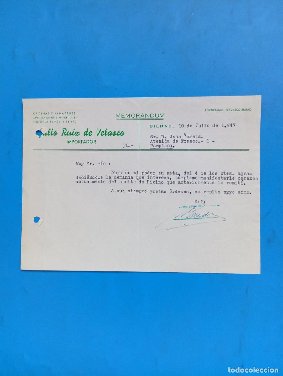 Documentos antiguos: MEMORANDUM. JULIO RUIZ DE VELASCO. IMPORTADOR. BILBAO, 1947.