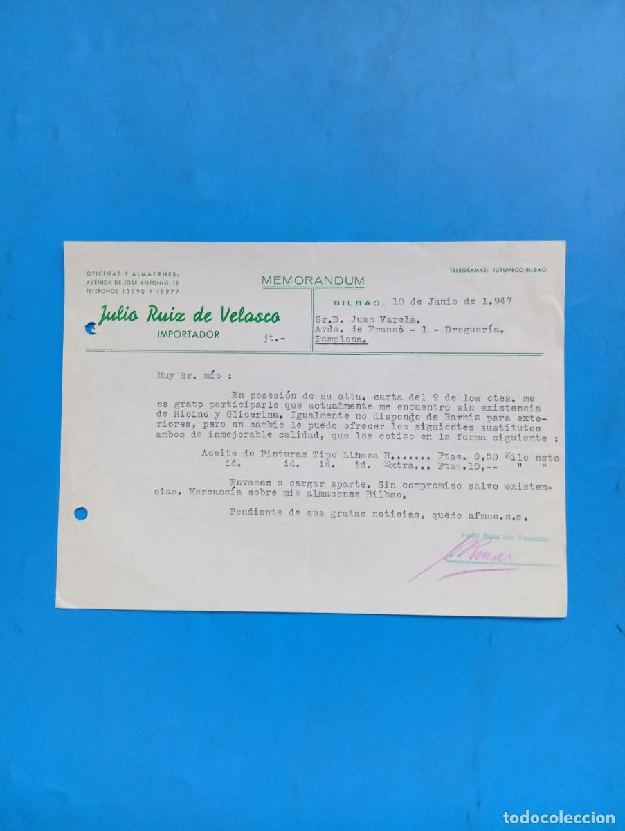 Documentos antiguos: MEMORANDUM. JULIO RUIZ DE VELASCO. IMPORTADOR. BILBAO, 1947.