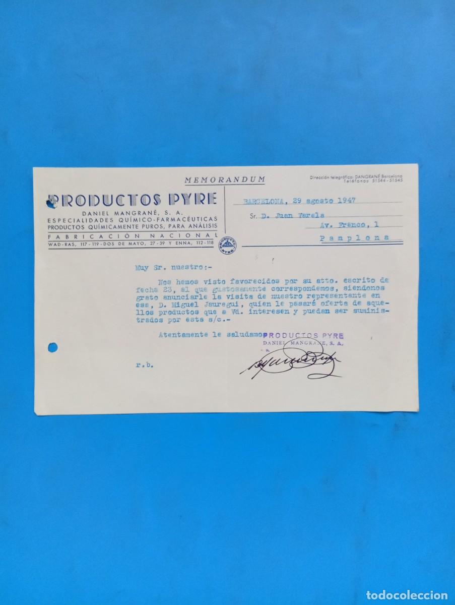 Documentos antiguos: MEMORANDUM. PRODUCTOS PYRE. DANIEL MANGRANE, S.A. BARCELONA, 1947.