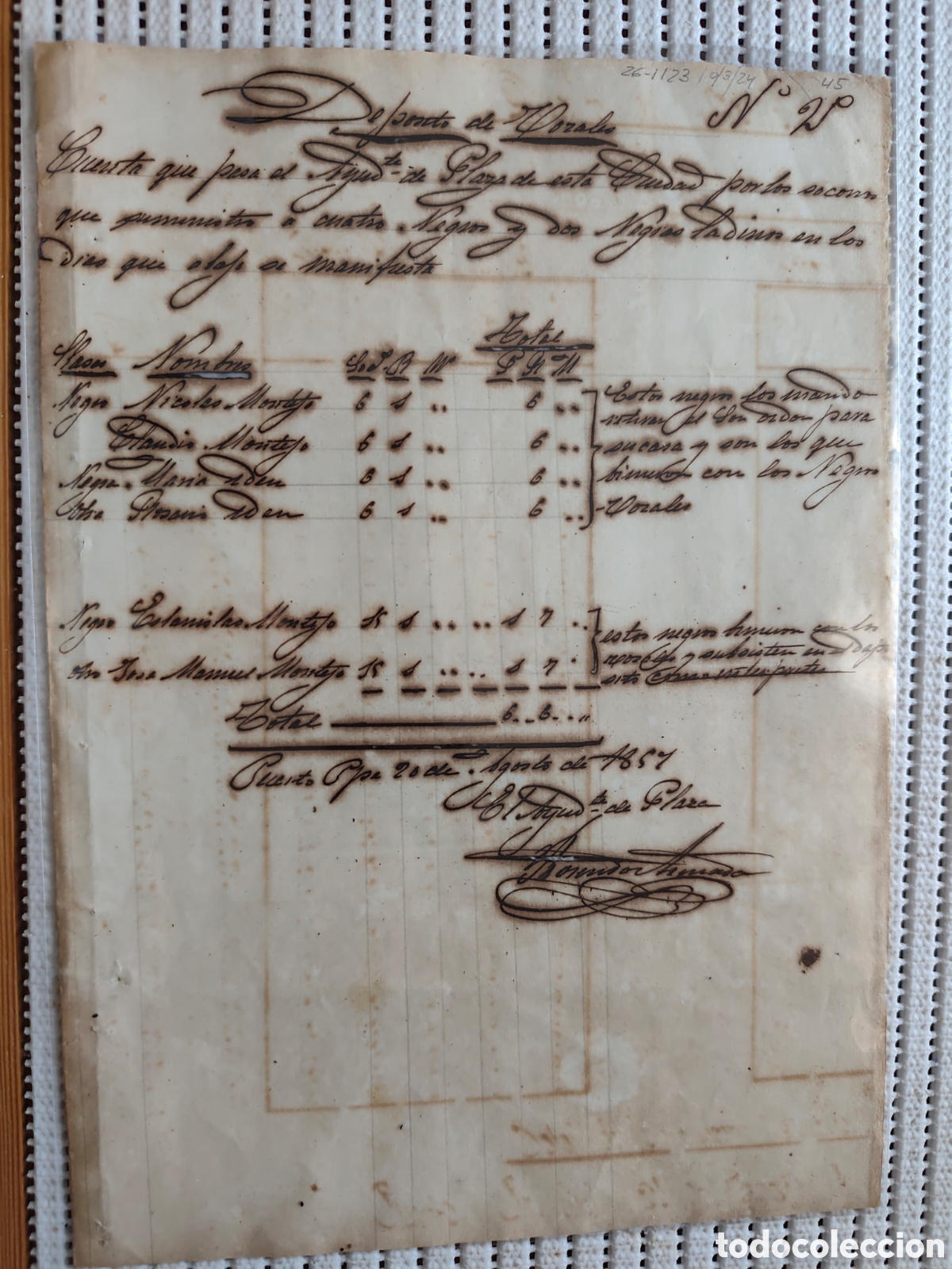 Documentos antiguos: 26-1123 CUENTA POR SOCORRER A 4 NEGROS+2 NEGRAS BOZALES.