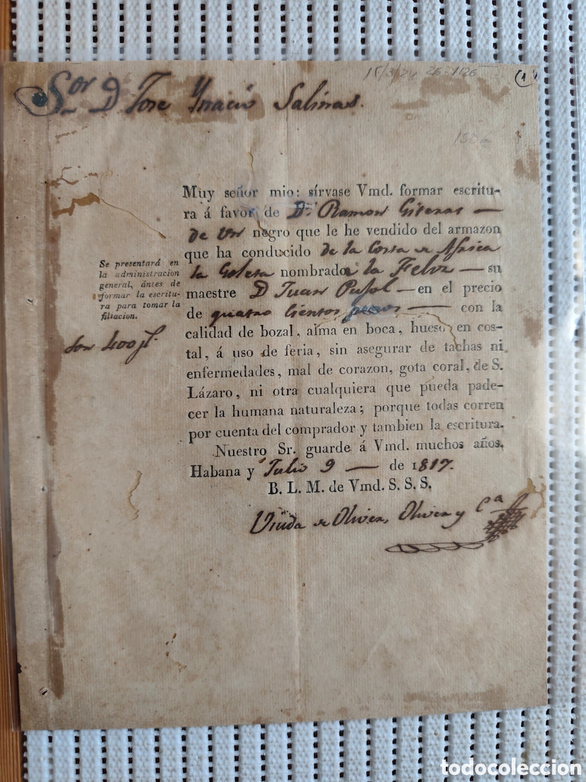 Documentos antiguos: 26-1126 VENDIDO 1 NEGRO DENTRO DEL ARMAZON A D.RAMON.
