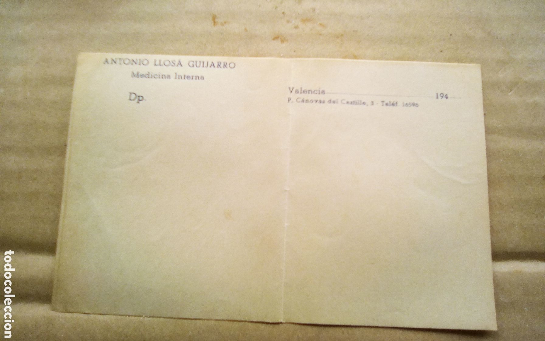 Documentos antiguos: Receta del m&eacute;dico Antonio Llos&aacute; Guijarro, medicina interna. Pl. C&aacute;novas del Castillo 3 Valencia 1940
