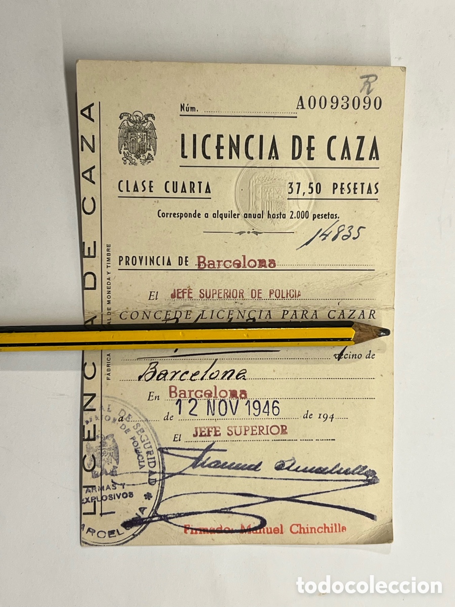 Documentos antiguos: BARCELONA. Licencia de Caza, Clase Cuarta (a.1946) Original &eacute;poca..