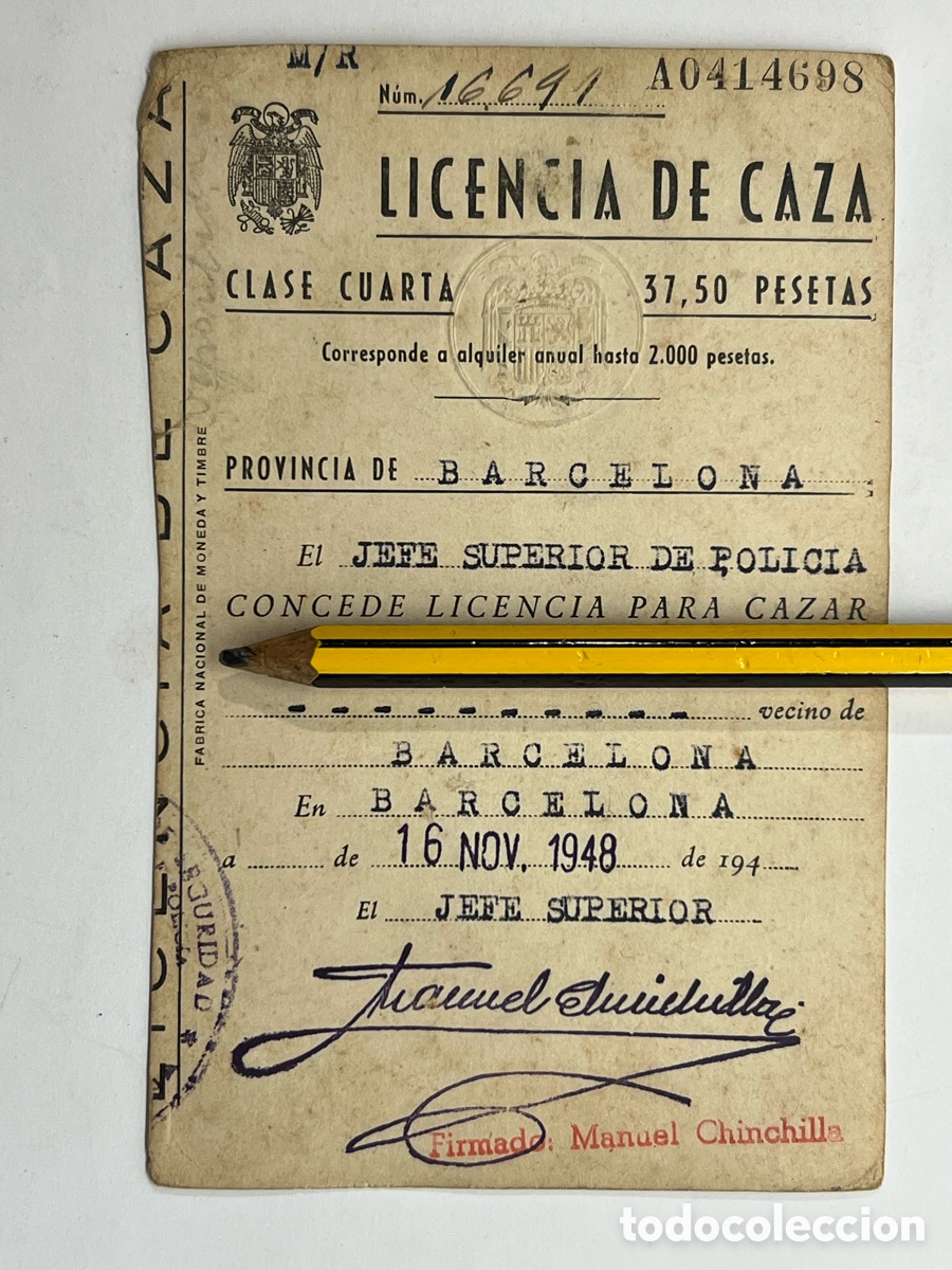 Documentos antiguos: BARCELONA. Licencia de Caza, Clase Cuarta (a.1948) Original &eacute;poca..