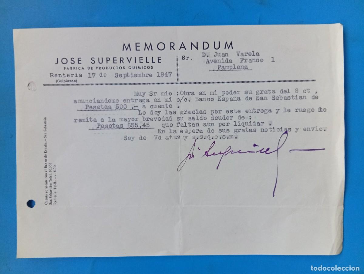 Documentos antiguos: MEMORANDUM. JOSE SUPERVIELLE. FABRICA DE PRODUCTOS QUIMICOS. RENTERIA, GUIPUZCOA, 1947.