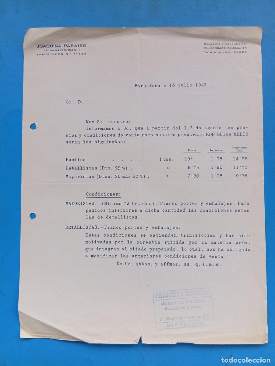 Documentos antiguos: CARTA COMERCIAL. BARCELONA. 1947. JOAQUINA PARAISO. IMPORTADOR.