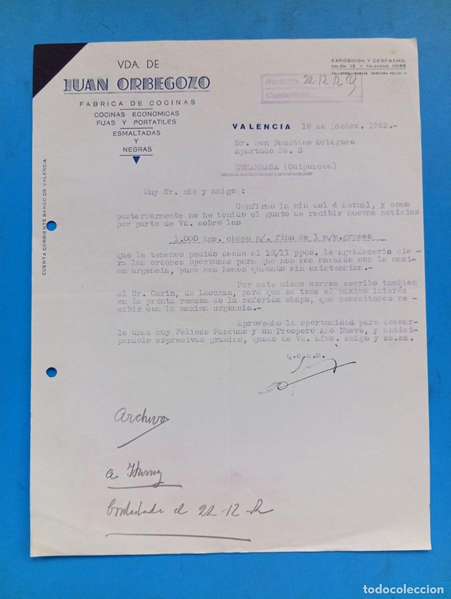 Documentos antiguos: CARTA COMERCIAL. VALENCIA. 1952. FABRICA DE COCINAS. VDA. DE JUAN ORBEGOZO.