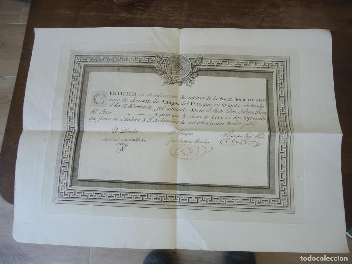 Documentos antiguos: Diploma de socio. Real Sociedad Econ&oacute;mica de Madrid de Amigos del Pa&iacute;s. 1836