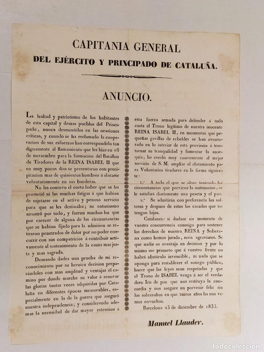 Documentos antiguos: CAPITANIA GENERAL EJERCITO Y PRINCIPADO DE CATALUNYA - MANUEL LLAUDER - BARCELONA A&Ntilde;O 1833 - ANTIGUO