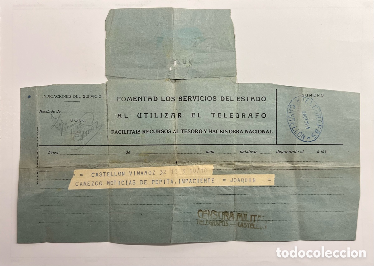 Documentos antiguos: GUERRA CIVIL.. Telegrama Castell&oacute;n-Valencia, con Censura Militar.. Octubre de 1939