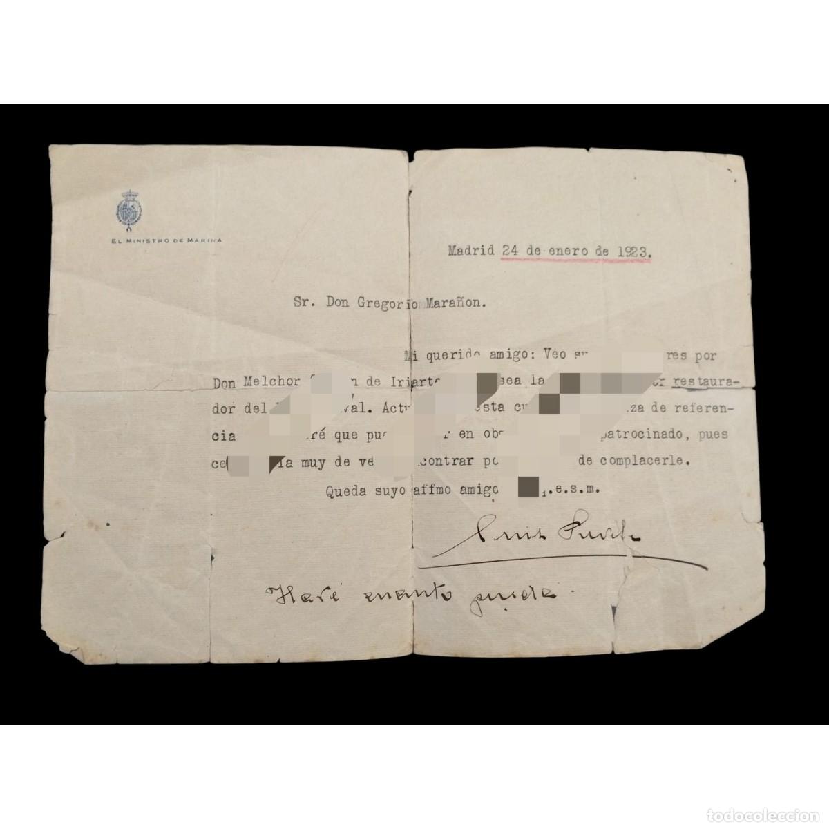 Documentos antiguos: CARTA HIST&Oacute;RICA 1923 DEL MINISTRO DE MARINA LUIS RIVERA A GREGORIO MARA&Ntilde;&Oacute;N. Museo Naval