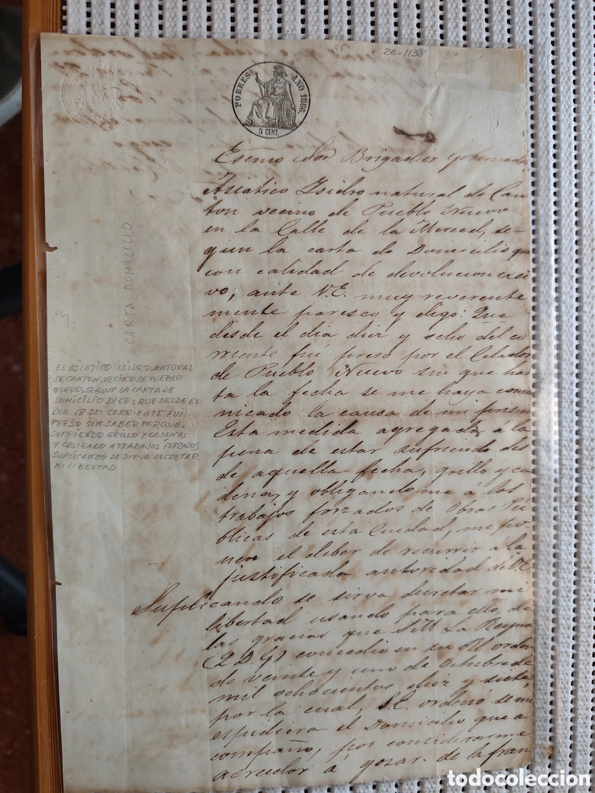 Documentos antiguos: 26-1138 EL ASI&Aacute;TICO ISIDRO FUE PRESO SUFRIENDO GRILLO Y CADENAS.
