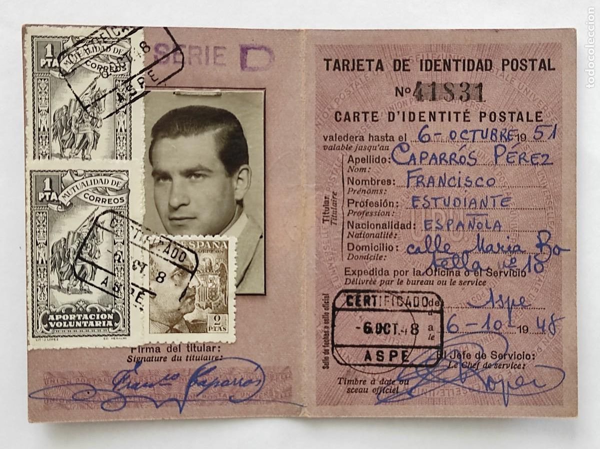 Documentos antigos: TARJETA DE IDENTIDAD POSTAL - ASPE (ALICANTE) A&Ntilde;O 1948 - SERIE D - DE PROFESI&Oacute;N ESTUDIANTE