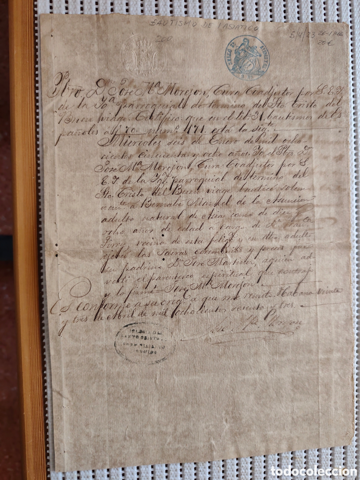 Documentos antiguos: 26-1146 BAUTIZO DEL ASI&Aacute;TICO BERNAB&Eacute; DE 18A&Ntilde;OS.