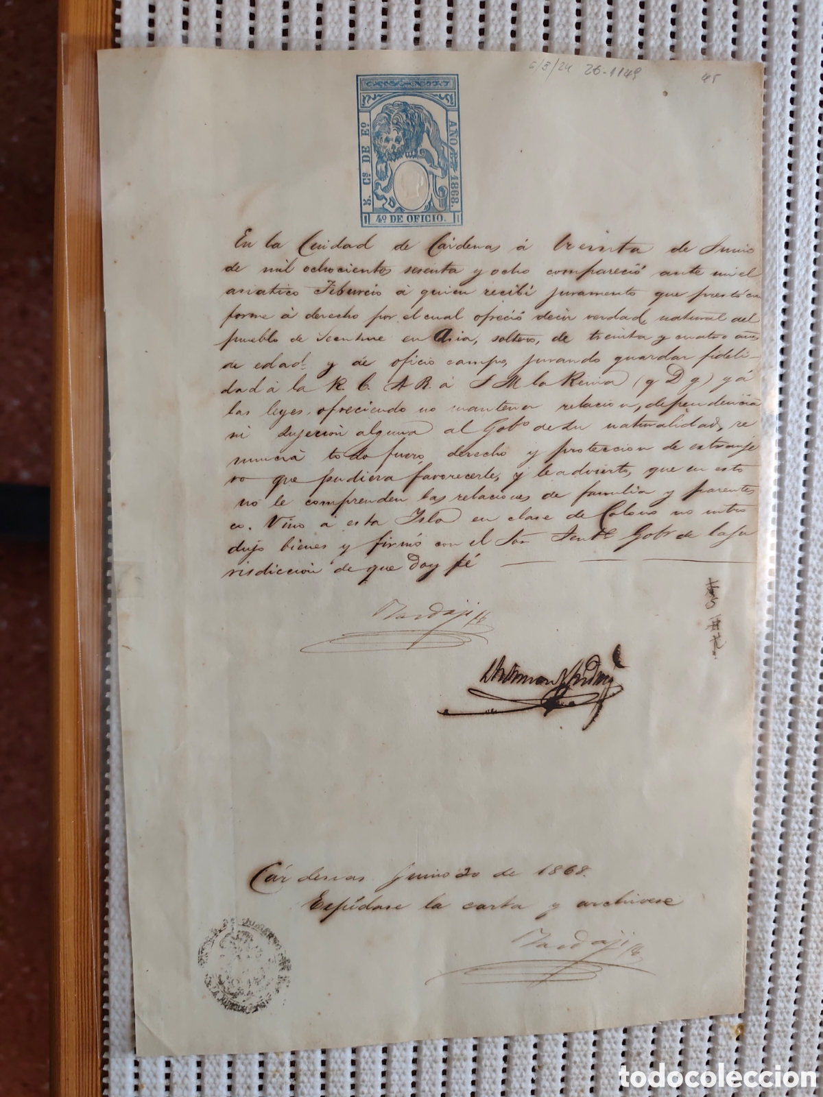 Documentos antiguos: 26-1149 EL ASI&Aacute;TICO TIBURCIO,SOLTERO,34 A&Ntilde;OS,JURO FIDELIDAD A LA R.M.