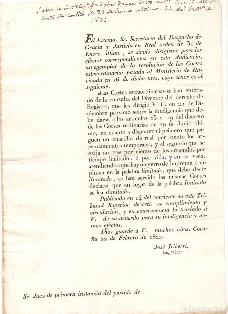 Documenti antichi: LA CORU&Ntilde;A 22 FEBRERO 1822, FIRMADO REGENTE INTERINO JOS&Eacute; IRIBERRI. RESOLUCI&Oacute;N OFICIAL DE LAS CORTES.