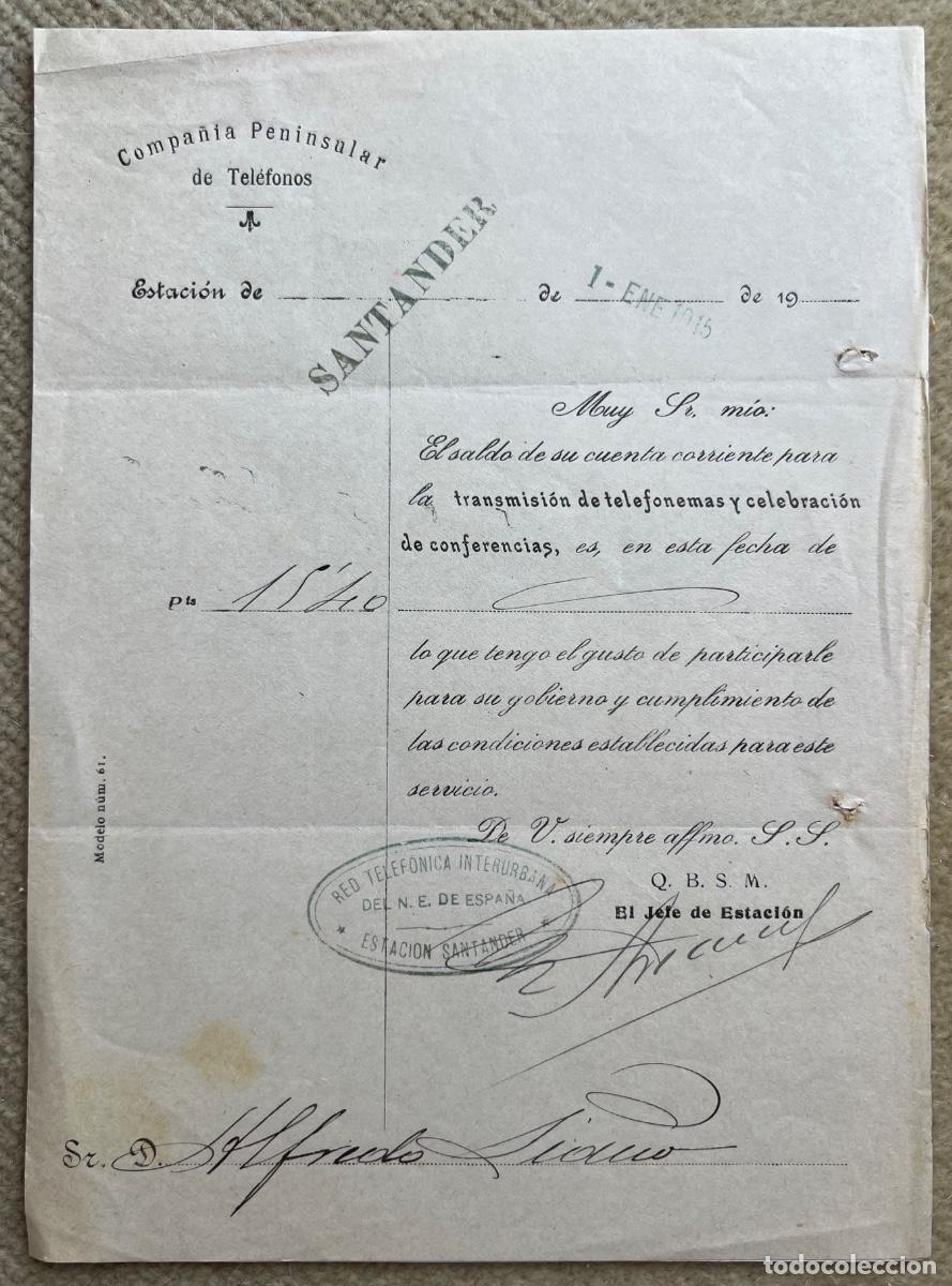 Documentos antiguos: Compa&ntilde;&iacute;a Peninsular de Tel&eacute;fonos - Estaci&oacute;n de Santander - Saldo de Telefonemas y Conferencias