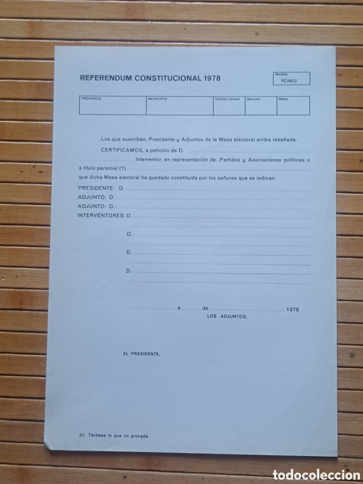 Documentos antiguos: Acta original del referendum Constitucional del 1978 sin rellenar