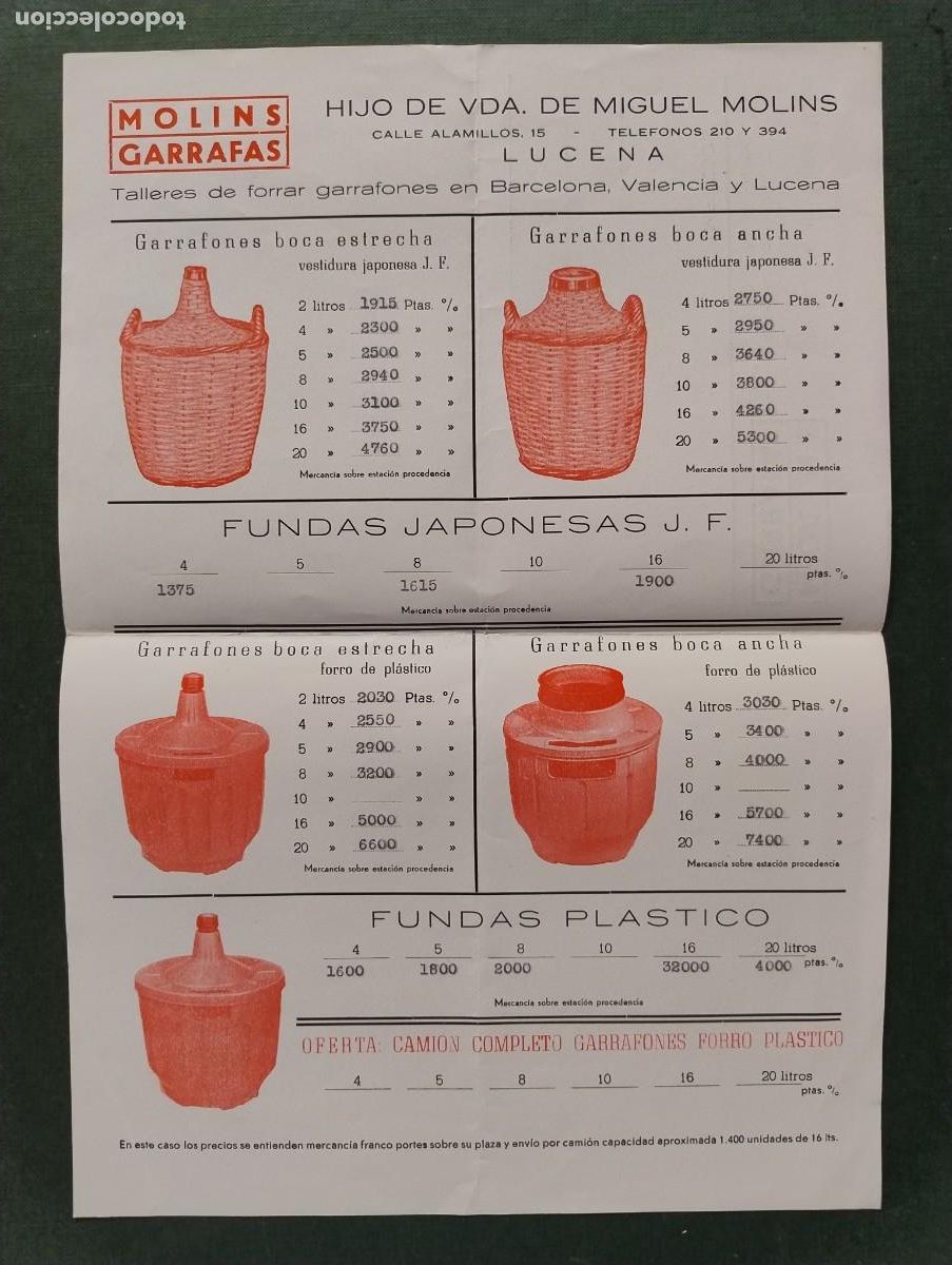 Documentos antiguos: FOLLETO CATALOGO GARRAFAS MOLINS LUCENA (CORDOBA) LISTA DE PRECIOS