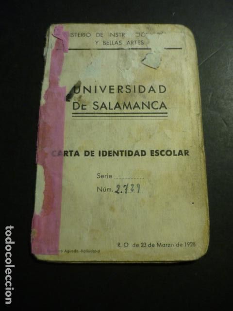 Documentos antiguos: UNIVERSIDAD DE SALAMANCA 1934 CARNET DE ESTUDIANTE NATURAL DE VALVERDE DEL FRESNO CACERES