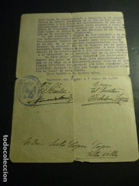 Documentos antiguos: VALVERDE DEL FRESNO CACERES 1942 CARTA MOZOS ALISTAMIENTO
