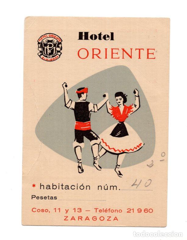 Documentos antiguos: TARJETA DE HABITACI&Oacute;N HOTEL ORIENTE EN ZARAGOZA.DISE&Ntilde;O ILUSTRADO PAREJA BAILANDO TRAJES T&Iacute;PICOS.