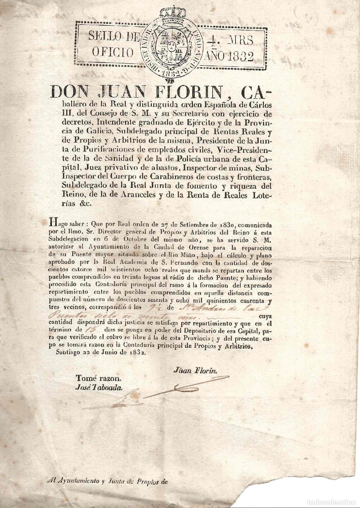 Documentos antiguos: INTENDENCIA GALICIA. CONTRIBUCION DE CUOTA PARA REPARACION DE PUENTE MAYOR EN RIO MI&Ntilde;O, ORENSE 1832