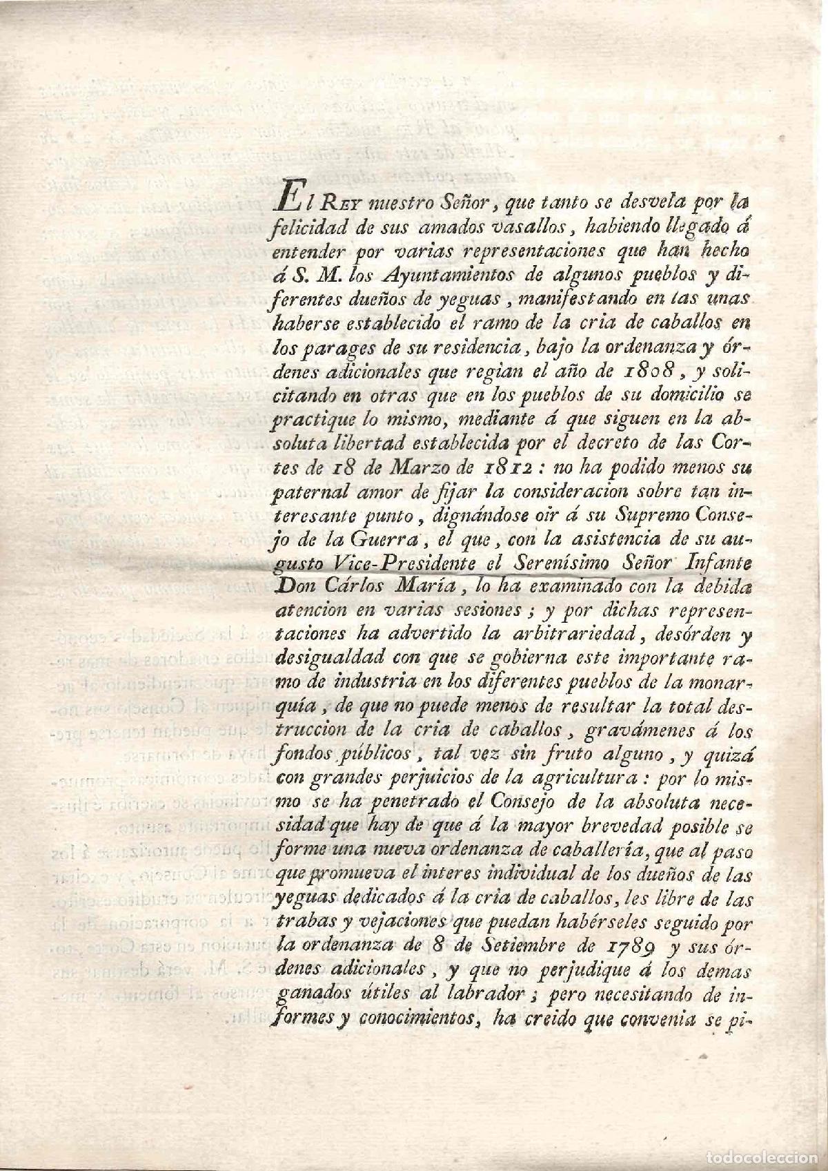 Documentos antiguos: ORDEN REAL SOBRE REGULACION DE CRIA DE CABALLOS. A&Ntilde;O 1817